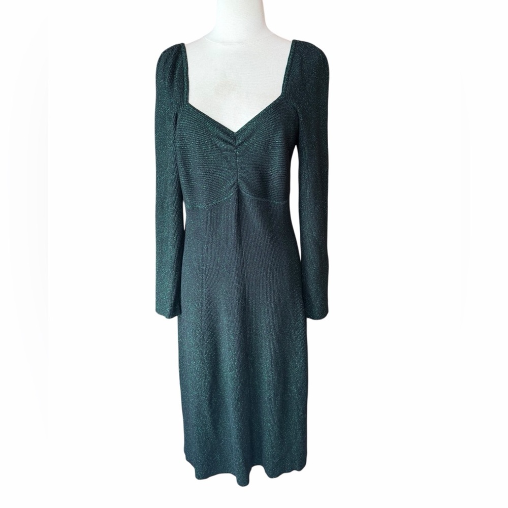 Late 1990s/Y2K I.N.C. Ribbed Green Metallic Sparkle Stretch Knit Sweetheart Neck